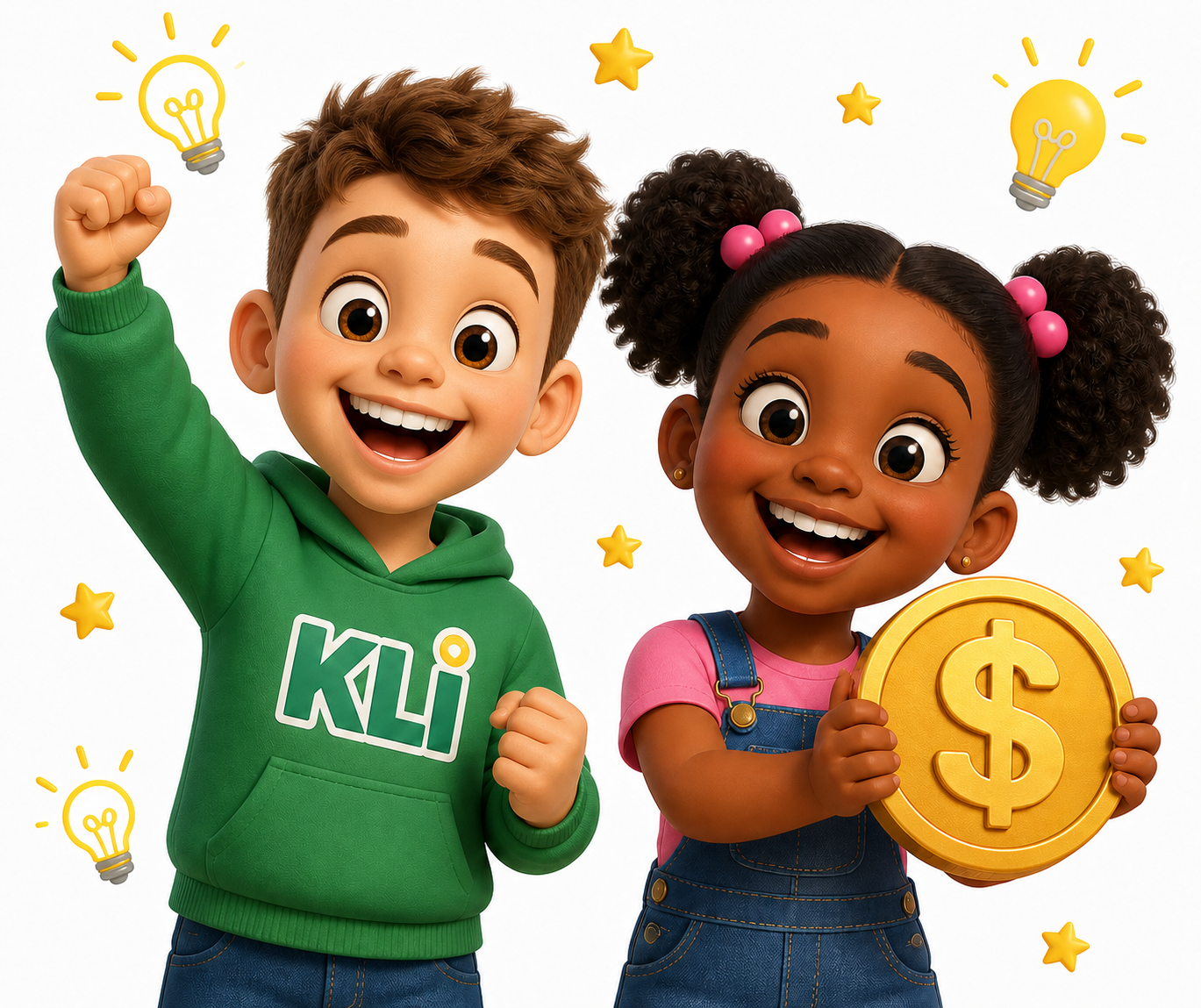 A diverse pair of happy kids cheering with a gold coin